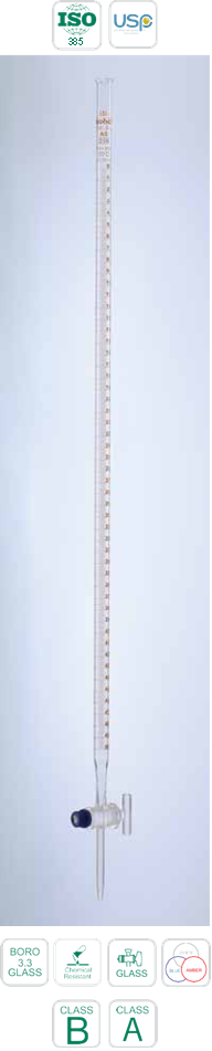 Burettes with Glass Stopcock in Clear Glass Class A With Batch Certificate