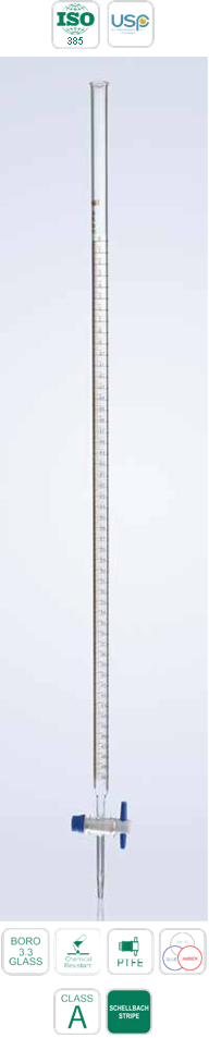 Burettes with PTFE stopcock in Schellbach stripe, Class A