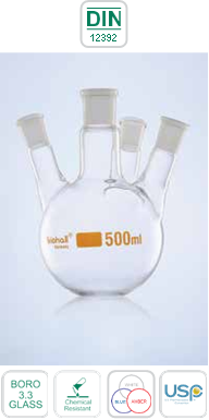 Flasks, Round Bottom, 4 Necks Parallel, DIN & USP